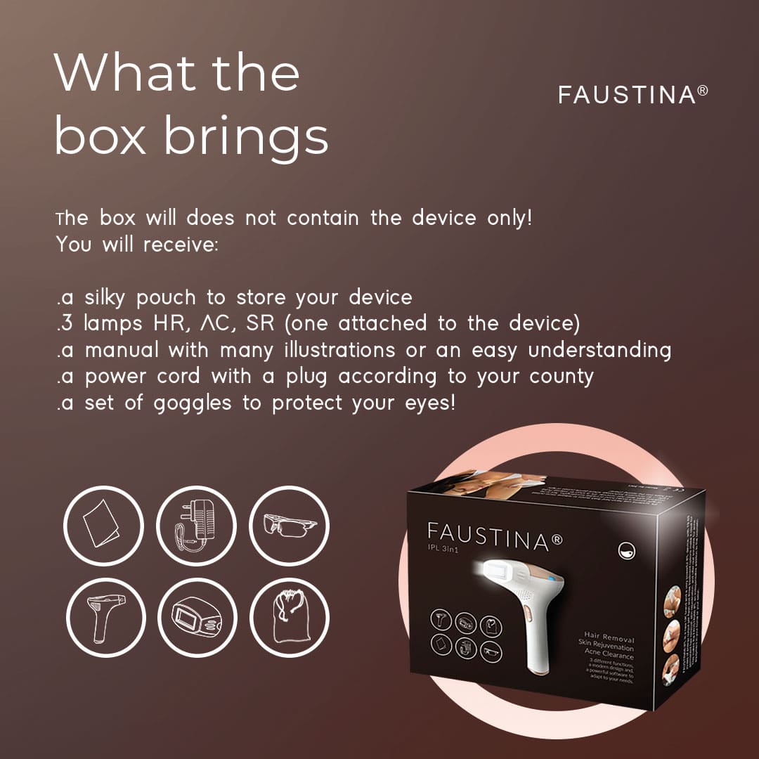 What comes in the FAUSTINA box: device, lamps, goggles, adapters, pouch and manual